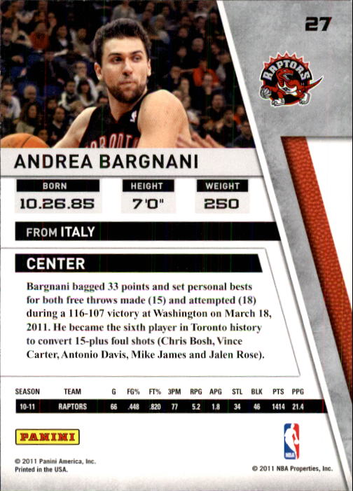 2010-11 Panini Season Update Silver #27 Andrea Bargnani back image