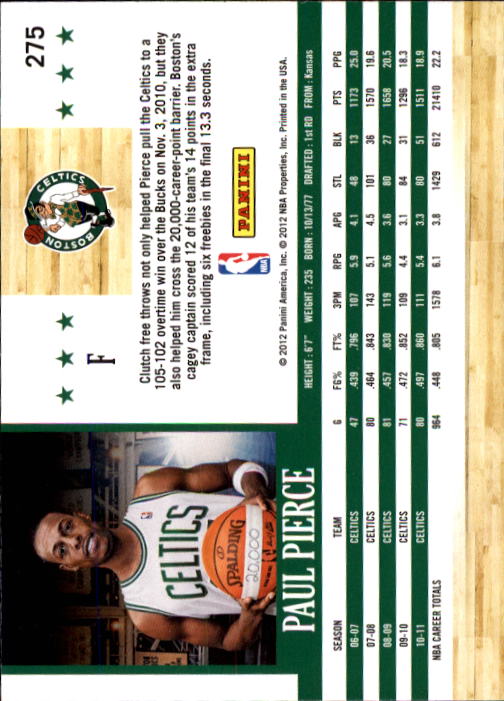 2011-12 Hoops #275 Paul Pierce back image
