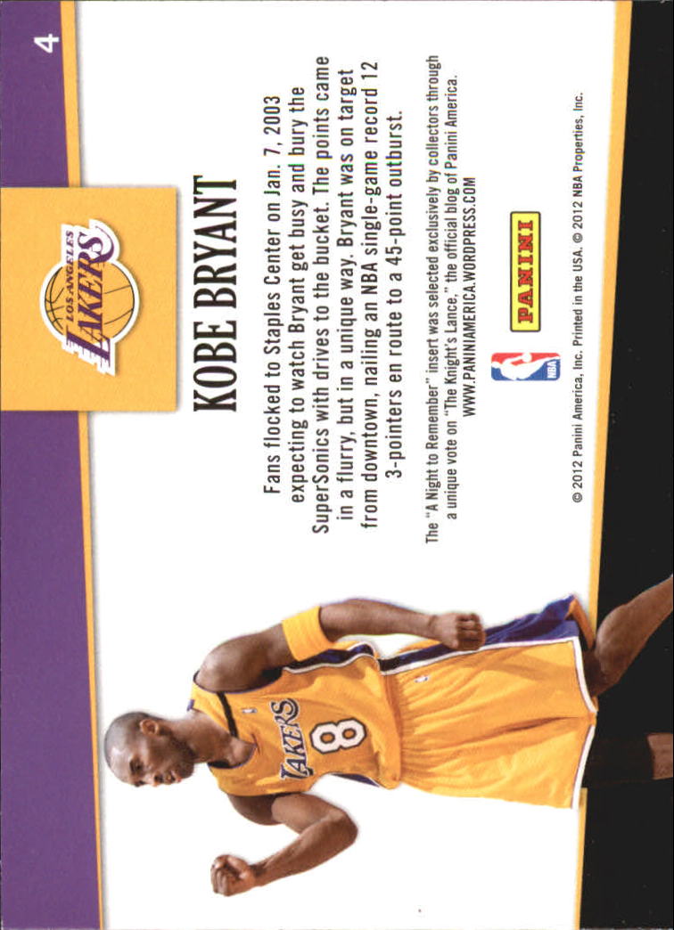 2011-12 Hoops A Night to Remember #4 Kobe Bryant back image