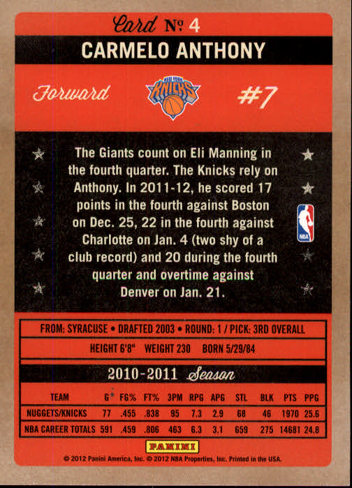 2011-12 Panini Past and Present #4 Carmelo Anthony back image