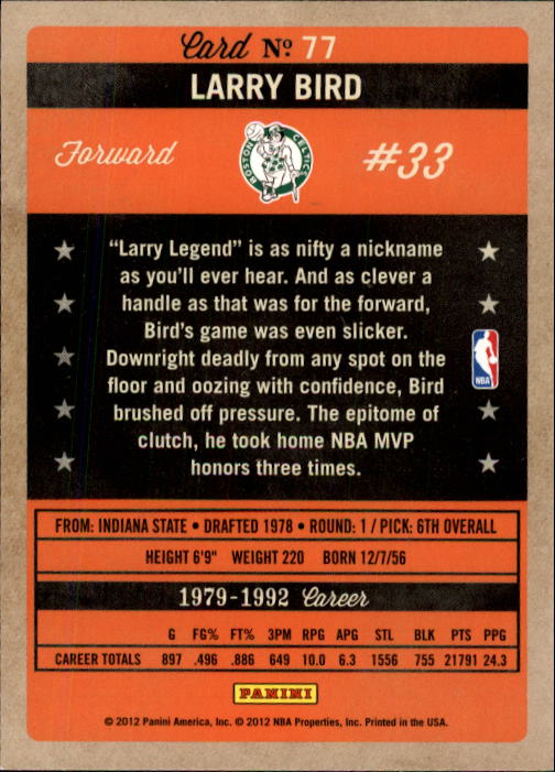 2011-12 Panini Past and Present #77 Larry Bird back image