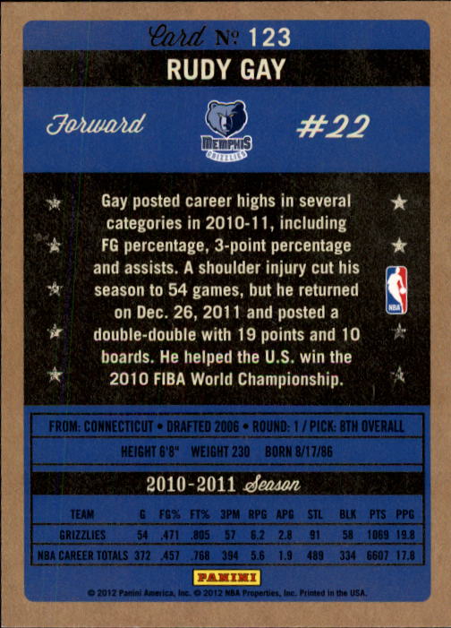 2011-12 Panini Past and Present #123 Rudy Gay back image