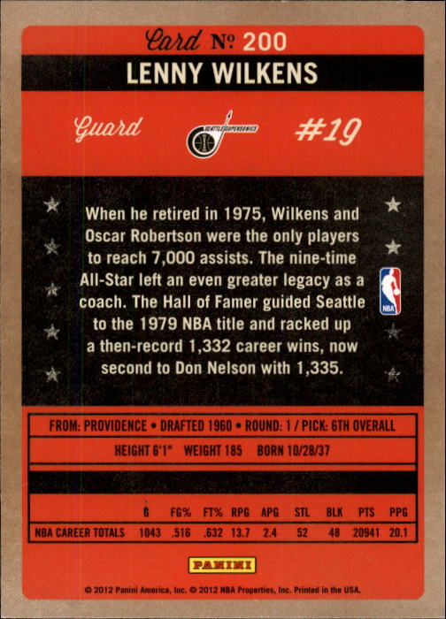 2011-12 Panini Past and Present #200 Lenny Wilkens back image