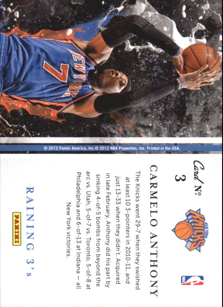 2011-12 Panini Past and Present Raining 3's #3 Carmelo Anthony back image