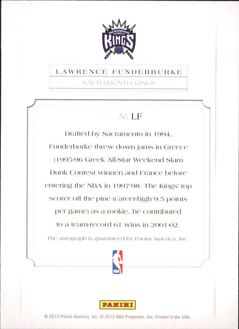2011-12 Panini Past and Present Elusive Ink Autographs #LF Lawrence Funderburke back image