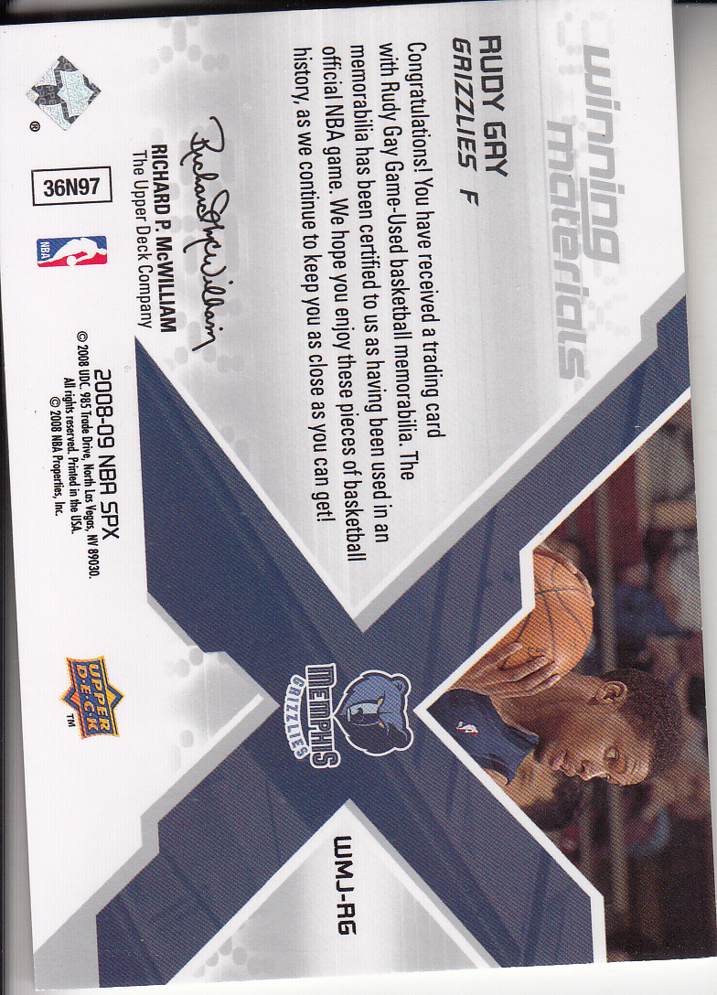 2008-09 SPx Winning Materials Jersey Numbers #WMJRG Rudy Gay back image