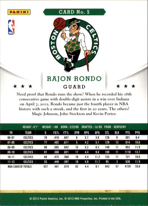 2012-13 Hoops #5 Rajon Rondo back image