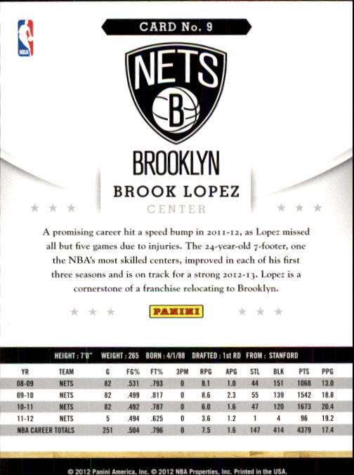 2012-13 Hoops #9 Brook Lopez back image