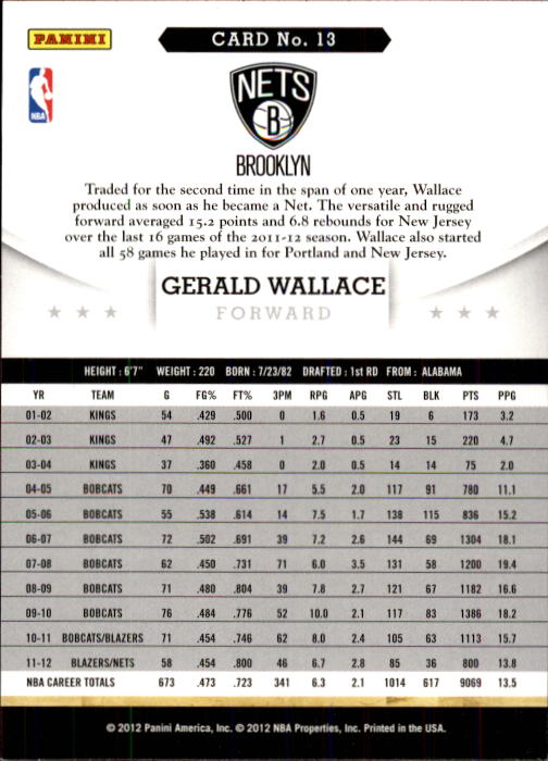 2012-13 Hoops #13 Gerald Wallace back image