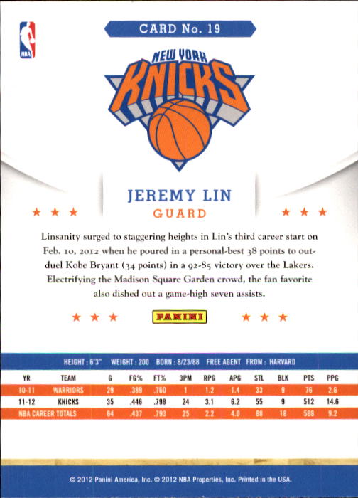 2012-13 Hoops #19 Jeremy Lin back image