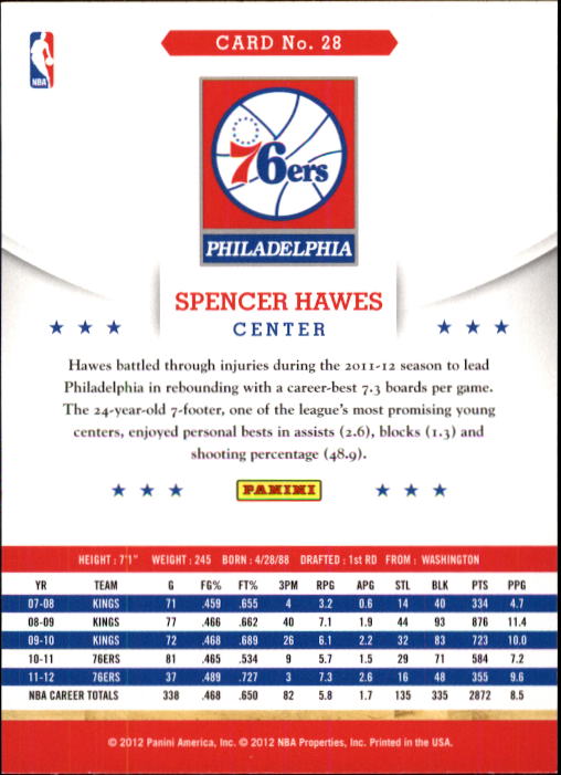 2012-13 Hoops #28 Spencer Hawes back image