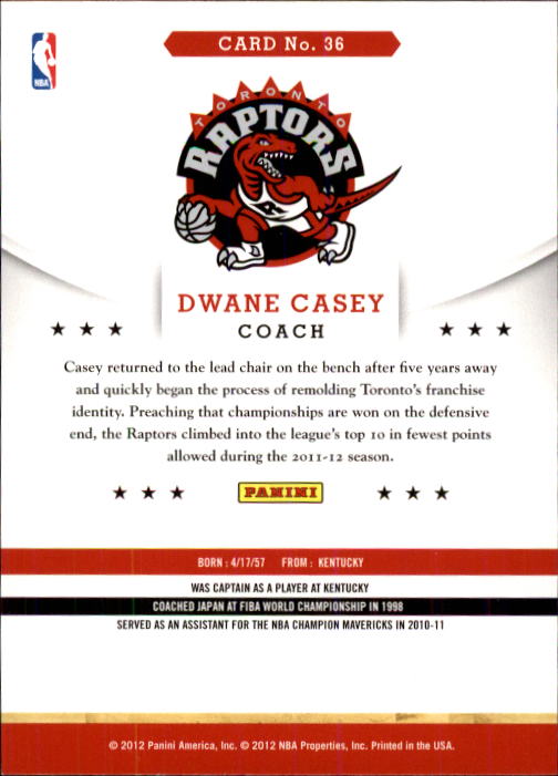 2012-13 Hoops #36 Dwane Casey CO back image