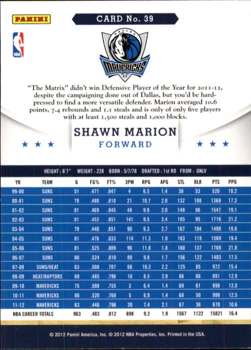 2012-13 Hoops #39 Shawn Marion back image