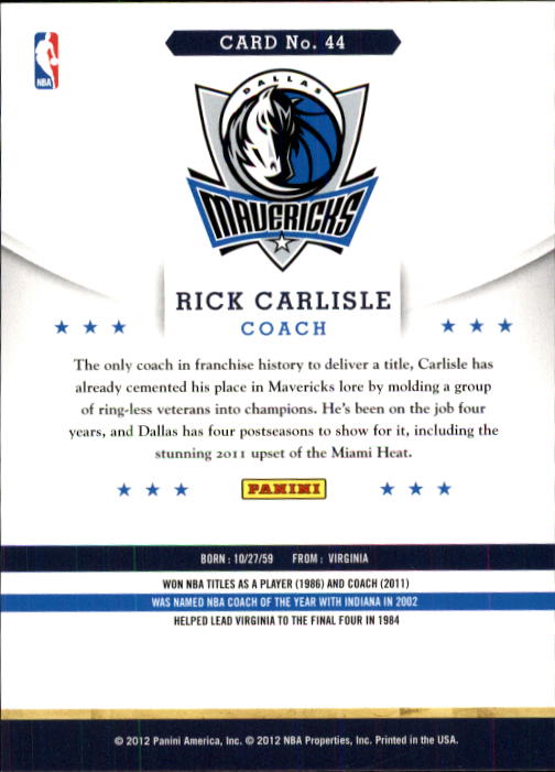 2012-13 Hoops #44 Rick Carlisle CO back image