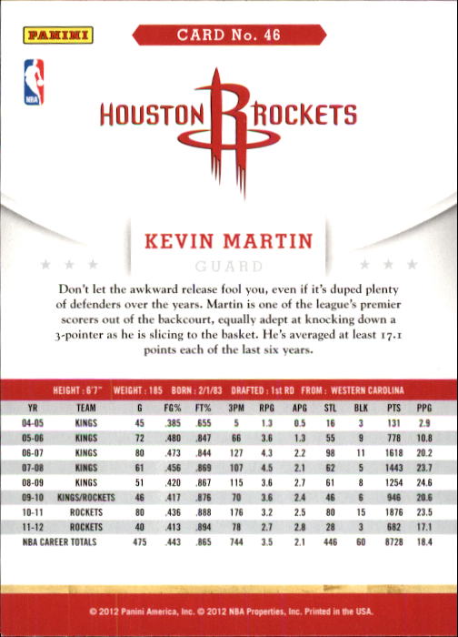 2012-13 Hoops #46 Kevin Martin back image