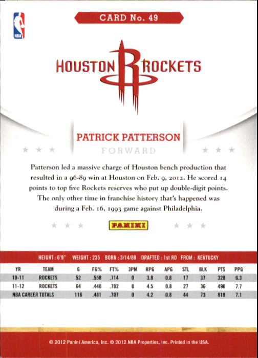 2012-13 Hoops #49 Patrick Patterson back image