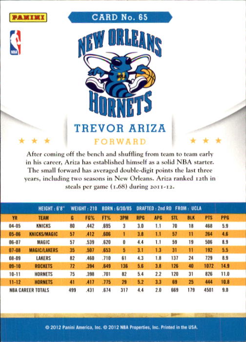 2012-13 Hoops #65 Trevor Ariza back image