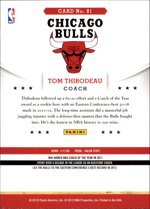 2012-13 Hoops #81 Tom Thibodeau CO back image