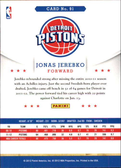 2012-13 Hoops #91 Jonas Jerebko back image
