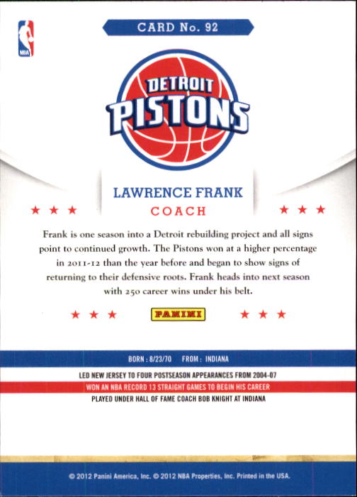 2012-13 Hoops #92 Lawrence Frank CO back image