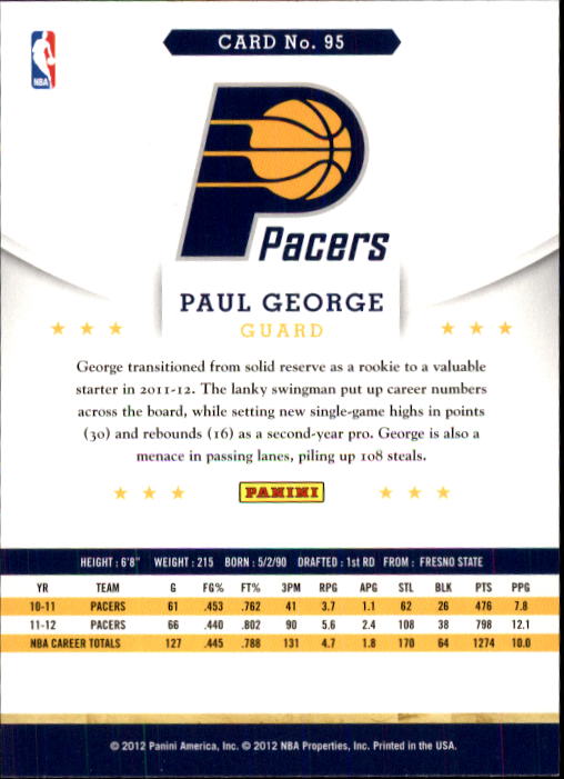 2012-13 Hoops #95 Paul George back image