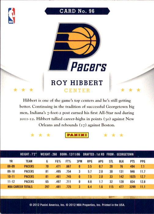 2012-13 Hoops #96 Roy Hibbert back image