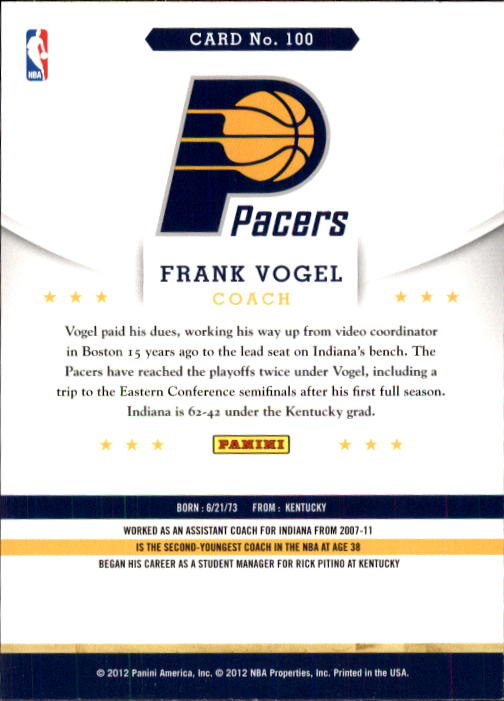 2012-13 Hoops #100 Frank Vogel CO back image