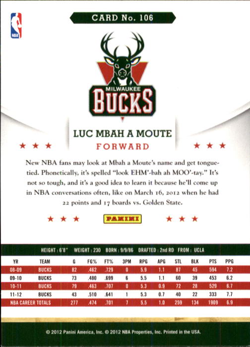 2012-13 Hoops #106 Luc Mbah a Moute back image