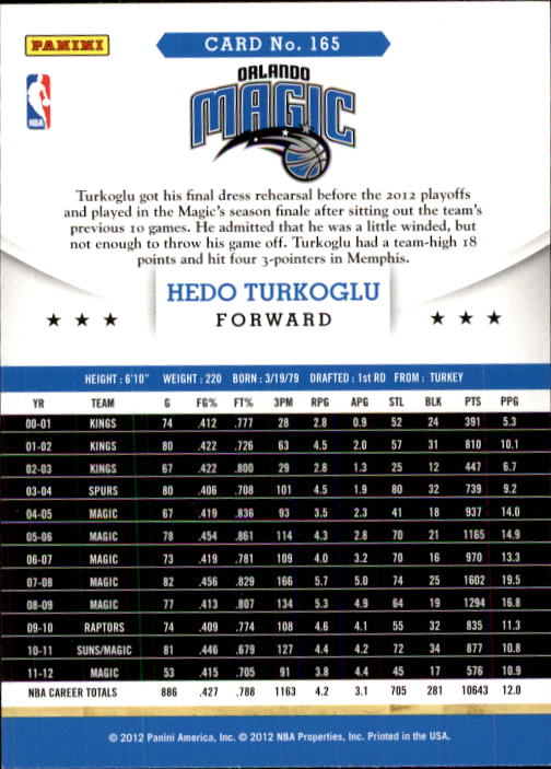 2012-13 Hoops #165 Hedo Turkoglu back image
