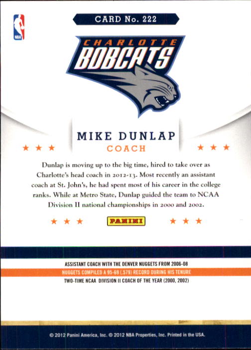 2012-13 Hoops #222 Mike Dunlap CO back image