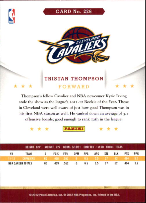 2012-13 Hoops #226 Tristan Thompson RC back image