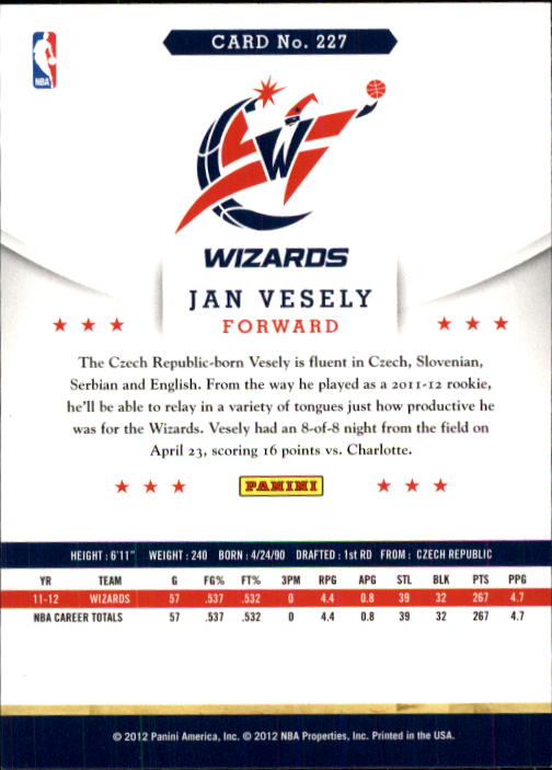 2012-13 Hoops #227 Jan Vesely RC back image