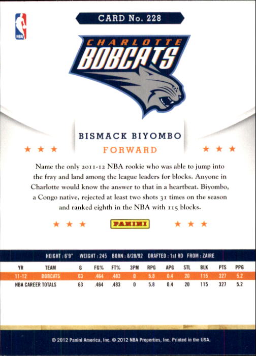 2012-13 Hoops #228 Bismack Biyombo RC back image