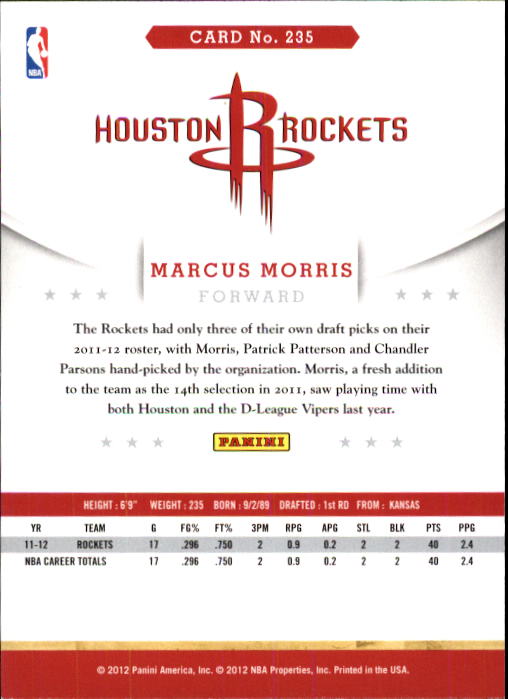 2012-13 Hoops #235 Marcus Morris RC back image