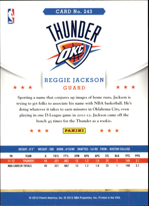 2012-13 Hoops #243 Reggie Jackson RC back image