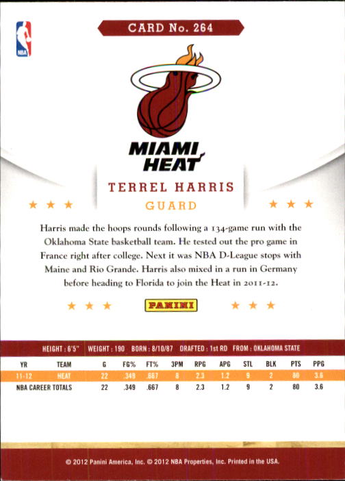 2012-13 Hoops #264 Terrel Harris RC back image