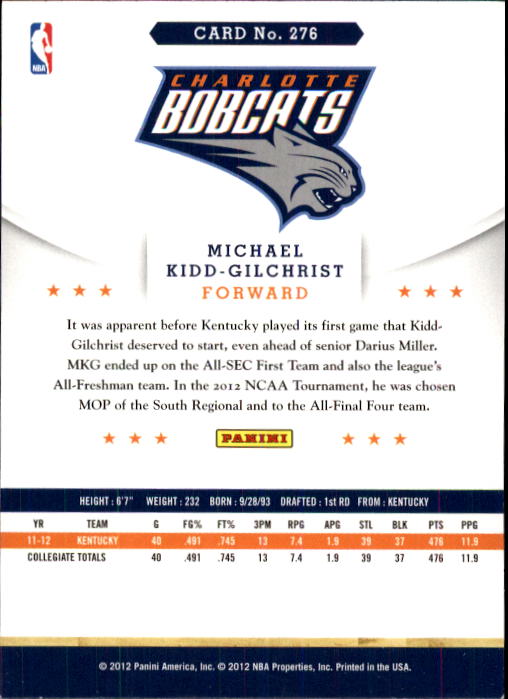 2012-13 Hoops #276 Michael Kidd-Gilchrist RC back image