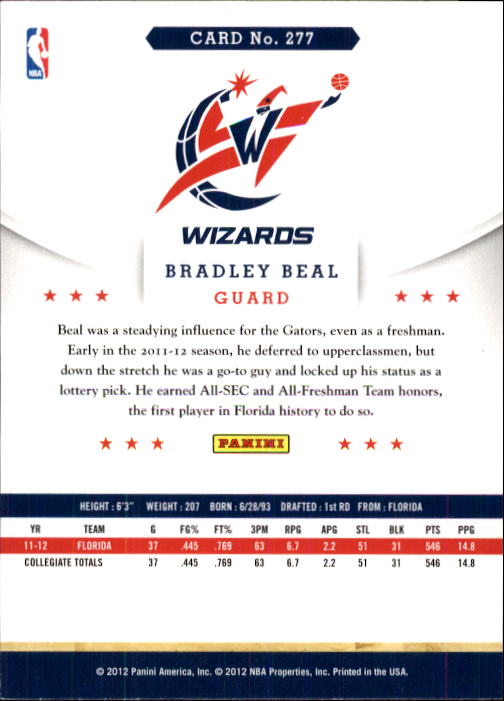2012-13 Hoops #277 Bradley Beal RC back image