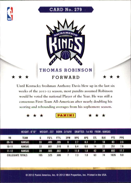 2012-13 Hoops #279 Thomas Robinson RC back image