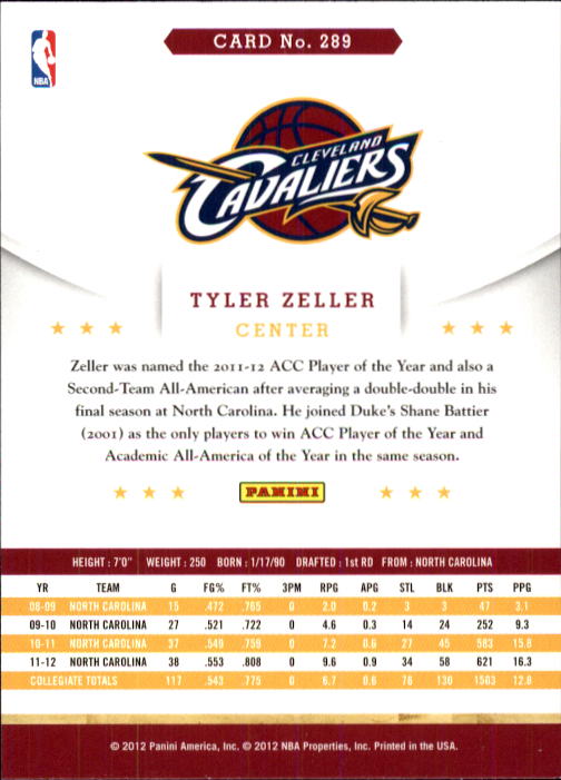 2012-13 Hoops #289 Tyler Zeller RC back image