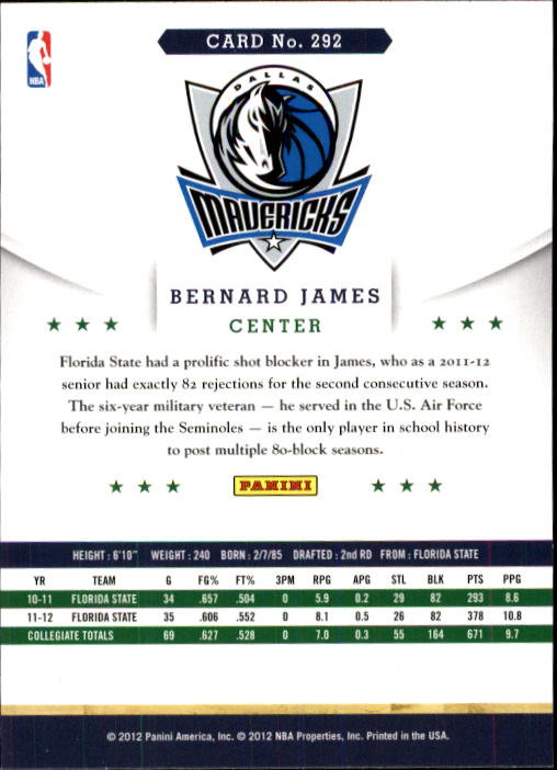 2012-13 Hoops #292 Bernard James RC back image
