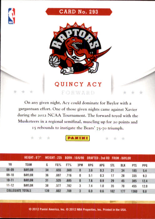 2012-13 Hoops #293 Quincy Acy RC back image