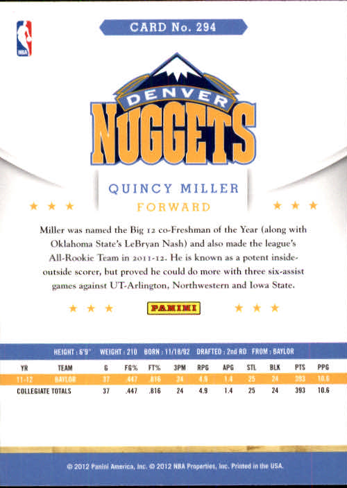2012-13 Hoops #294 Quincy Miller RC back image