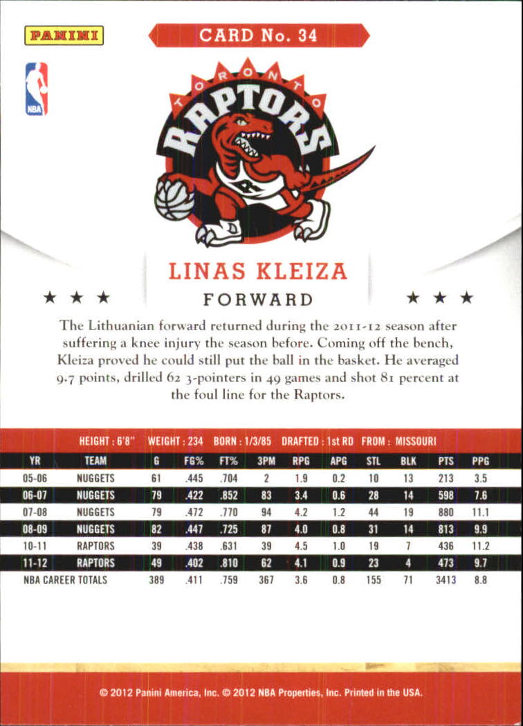 2012-13 Hoops Glossy #34 Linas Kleiza back image