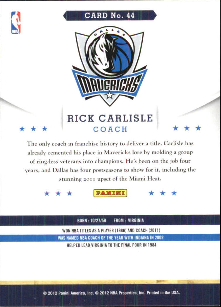 2012-13 Hoops Glossy #44 Rick Carlisle CO back image
