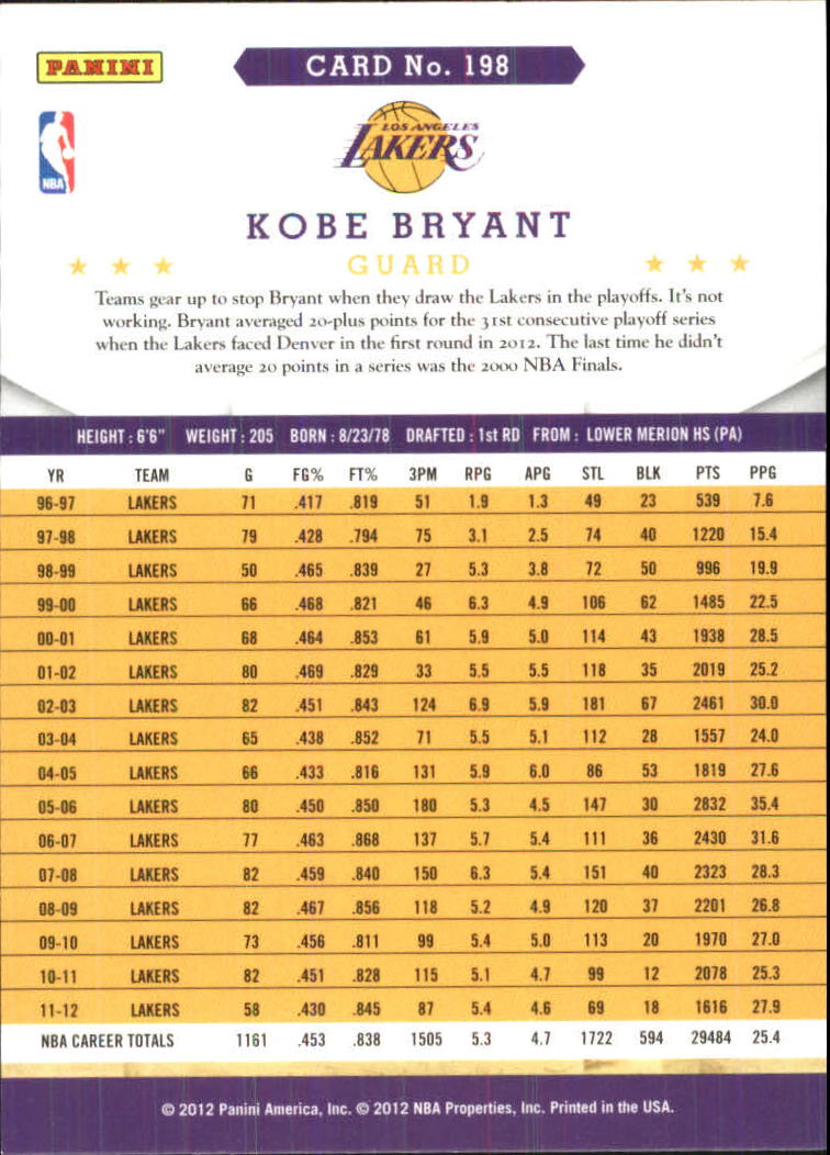 2012-13 Hoops Glossy #198 Kobe Bryant back image