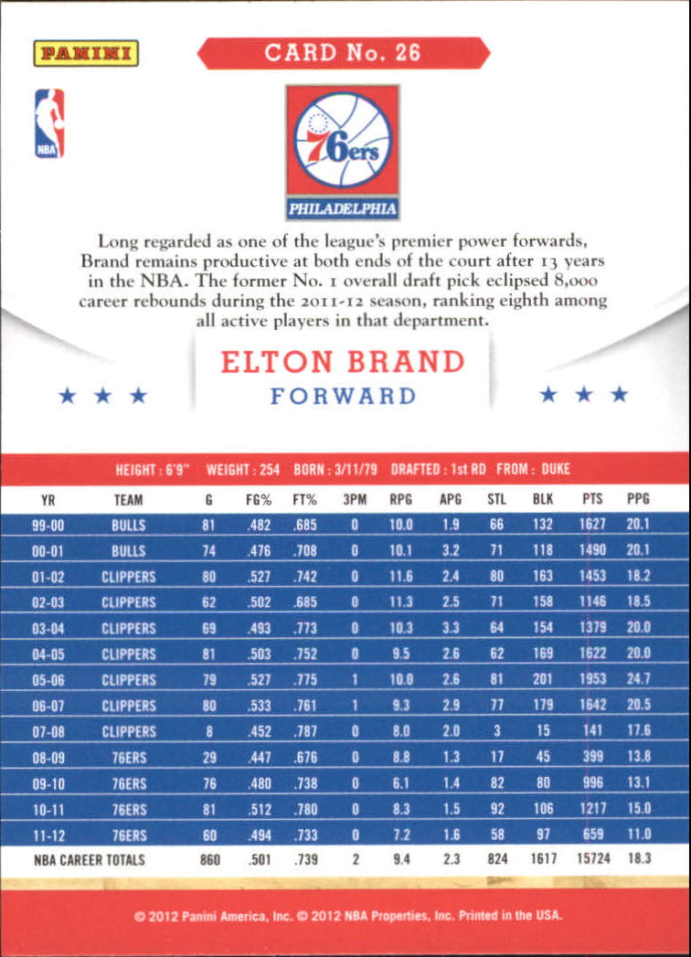2012-13 Hoops Artist's Proofs #26 Elton Brand back image