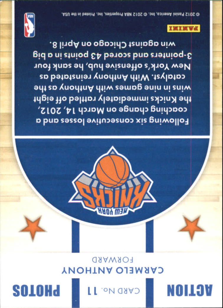 2012-13 Hoops Action Photos #11 Carmelo Anthony back image