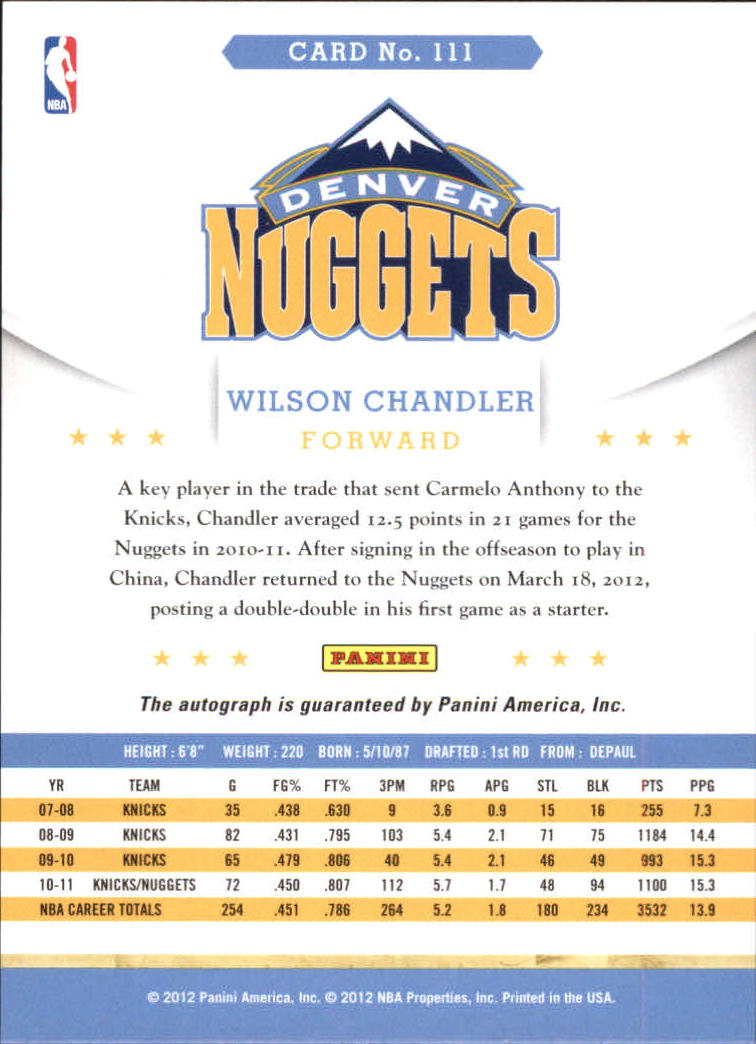 2012-13 Hoops Autographs #111 Wilson Chandler back image