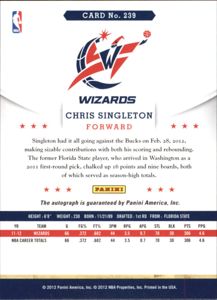 2012-13 Hoops Autographs #239 Chris Singleton back image